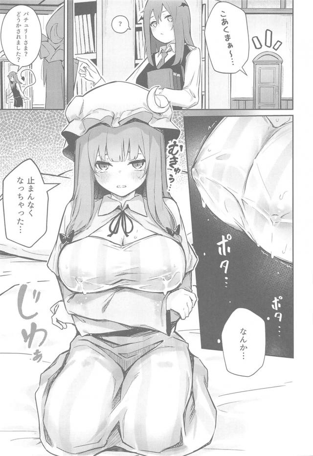 突然パチュリー様のおっぱいから母乳がこぼれ止まらなくなってしまい、呼び出された小悪魔が絞り出せば止まると思うから手伝ってほしいと言われてパチュリー様のおっぱいを揉みしだく！軽くもんでるだけでも母乳がどんどん溢れ出してきて、それにくわえてパチュリー様も発情していき小悪魔も楽しくなってきて搾乳百合セックスを楽しむｗ