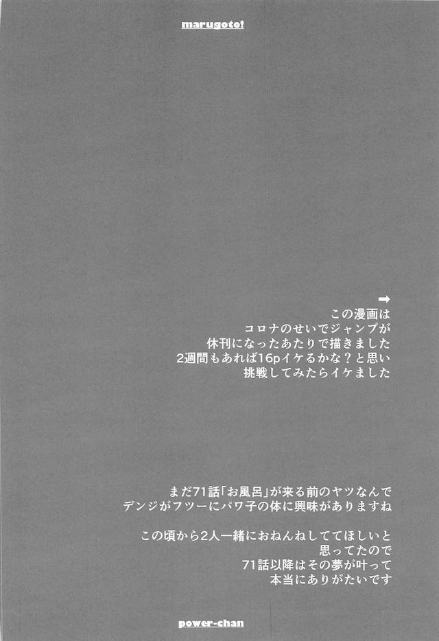 久しぶりにデンジに会いに来たパワーが、がっついておっぱいを揉んでくるデンジに今日は最期までしたいと言われ？状態。今までやっていたのは素股というもので人間の交尾とは違うらしく、前戯もせずに生挿入して処女を奪ったデンジが悶絶するパワーに中出しセックスｗ