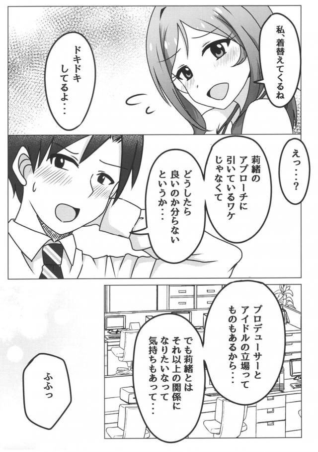 今度の撮影で使うビキニを試着してプロデューサーに見せたけどそっけなくてしゅんとしてしまう莉緒だが、立場もあるからどうしたらいいかわからないけどドキドキするよと言われてうれしくて、両思いだったプロデューサーに処女を捧げる♡