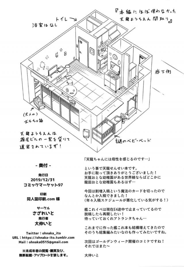 鎮守府にほど近い雑居ビルに大人たちが集まるてんりゅうようちえんがあり、仕事に疲れたサラリーマンたちを口調は乱暴だが優しい天龍先生が癒やす！仕事の愚痴を一通り聞いてあげた天龍先生がおっぱいをしゃぶらせてあげながら授乳手コキをして、さらにお掃除フェラで包茎ちんぽの皮を剥いてあげてパイズリフェラから、特別に中出しセックスで慰