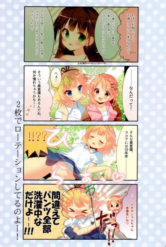 ご注文はうさぎですか？のメインヒロインの五人+チマメ隊の二人のフルカラーイラスト集！みんなそれぞれのイメージカラーの下着をはいていて、美麗なフルカラーイラストがてんこ盛り♪