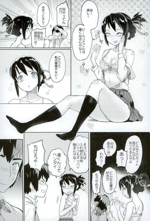 酔っ払った三葉が体が熱いと制服を脱いで下着姿になりドキドキしていると、瀧くんなら触ってもええよとおっぱいを差し出される！こんな状況を思春期男子が耐えられるわけもなく夢中でおっぱいを揉みまくると、自分と入れ替わってた時に何度もさわっていたというちんこに手コキしてきて、ついにイチャラブ初体験して愛し合うふたり♡