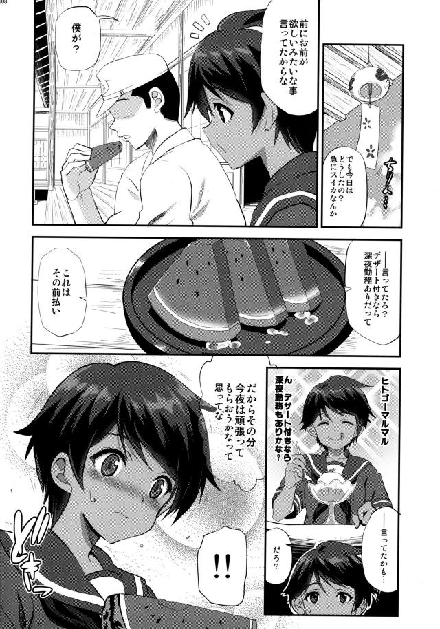 秘書艦になって提督と縁側に座って二人ですいかを食べられる悦びをかみしめる最上。その分夜は頑張ってもらうからなと言われて、提督は残業のことを言ったつもりだったが最上がおもいきりエッチ方面なことと勘違いしてびっくりして意識しまくり、そのまま縁側で押し倒され昼間から激しく中出しセックスされた///