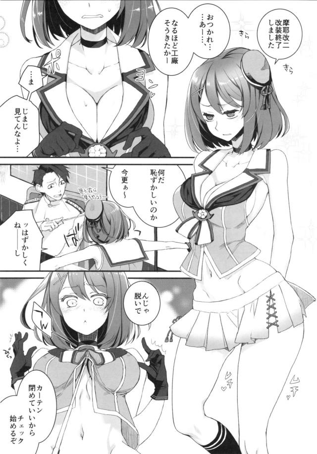 改二の改装が終了した摩耶に服を脱がせて身体チェックを始める提督！おっぱいは高雄たちと比べるとまだまだだが、お尻は重巡で一番で、指し棒で体をつついていたら発情した摩耶にちゃんと手で触れと言われ、素股から中出しセックスした♪