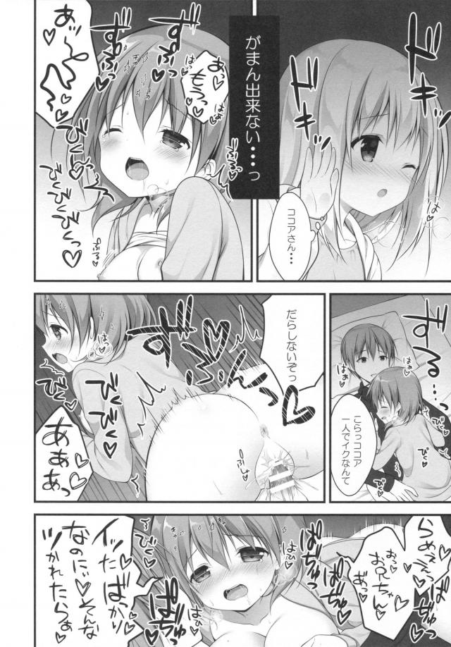 最近ココアに抱きつかれるとドキドキしてしまうチノちゃんが、だんだんココアのことが頭から離れなくなり、ココアがお兄さんと近親相姦してる姿を見てショックを受けながらも目が離せず、部屋に帰ってオナニーする！