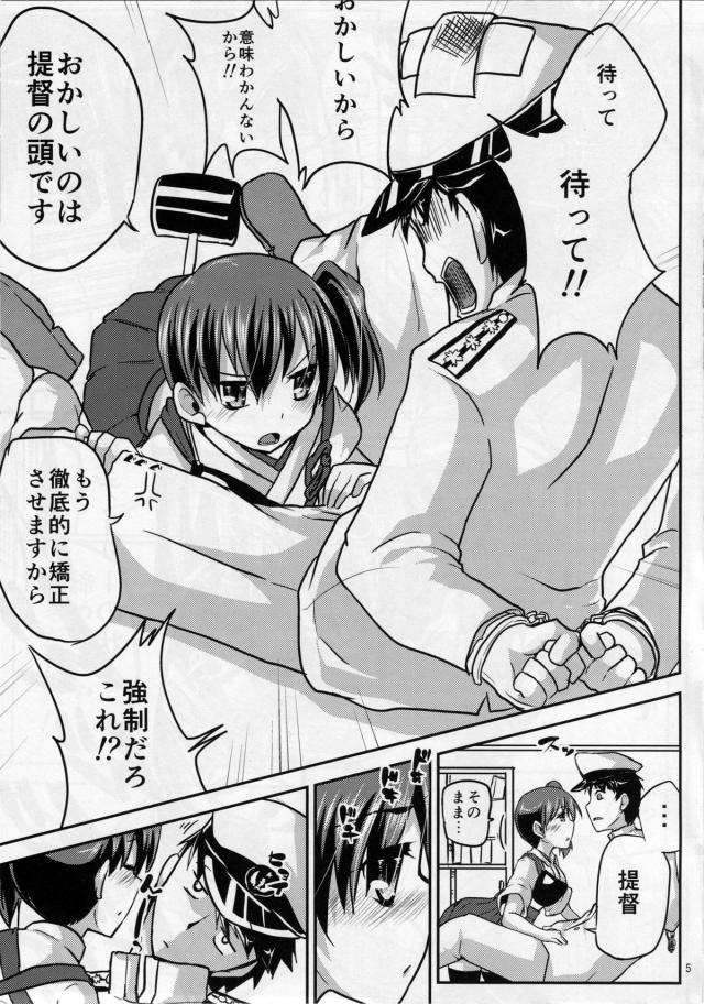 ケッコンするまで艦娘たちとの性交渉が禁止されて、可愛い駆逐艦たちとキャッキャウフフできなくなったと嘆く提督に激怒して提督を手錠で拘束してべろちゅーしようとするが、口を閉じて拒否する提督にさらに激怒して鼻と口をふさいで呼吸を止めて、口を開けた提督に激しくベロチューする加賀ｗ頭がくらくらしてついに観念した提督がパイズリフェ