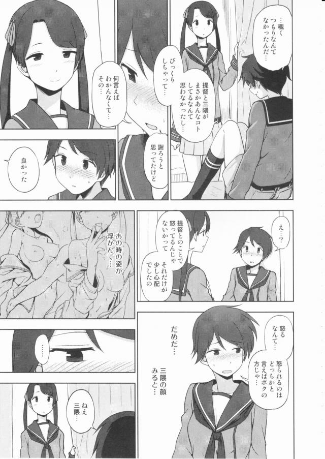 最近三隈が提督のお気に入りで、秘書艦もしていて夜中に提督の手伝いをすると出かけていった。それからも夜遅くに何度も出ていく三隈を見ていたが、ある日トイレで夜起きたときに提督と三隈のセックスを見てしまった最上が三隈と目があって逃げてしまう。翌日三隈にセックスって気持ちいいの？と聞いたら、体験してみるのが一番と言われ三隈に体